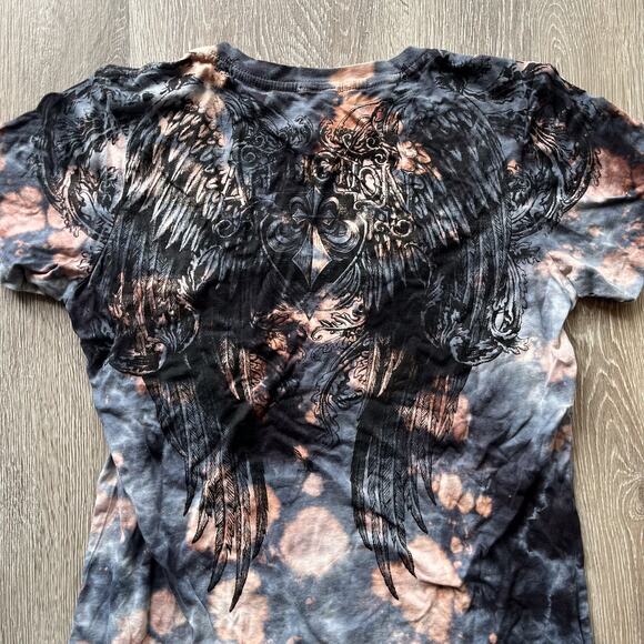 NWT AFFLICITION Live Fast Wmns Graphic Bleach Distressed Braid AOP V Neck Wings - Picture 3 of 11